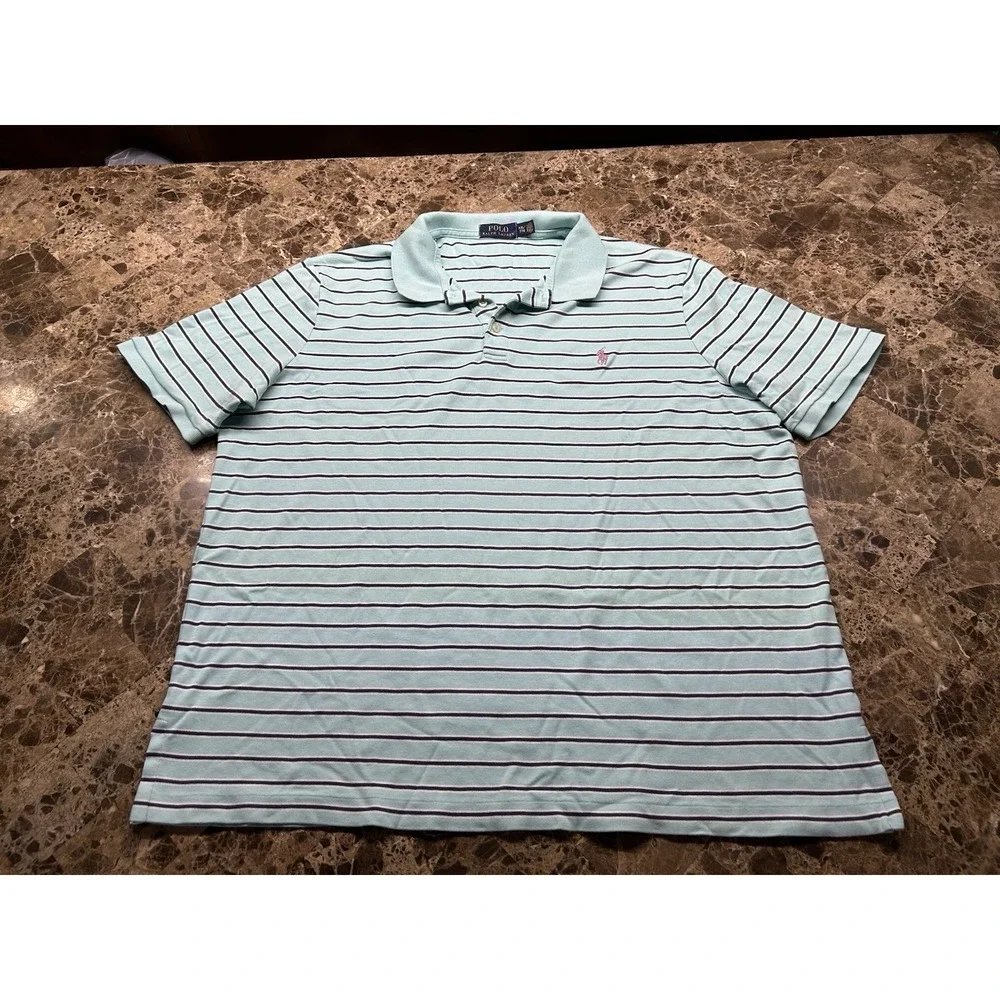 Polo Ralph Lauren Mens Polo Shirt XXL Mint Green Navy Striped Pink Pony Cotton